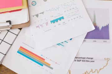 Close-up of business analytics charts and graphs on papers and clipboard.