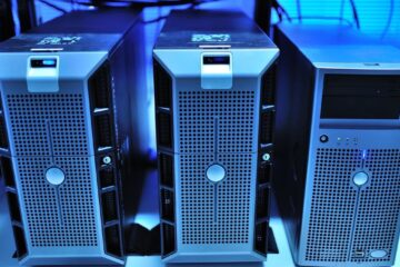 Close-up view of modern rack-mounted server units in a data center.