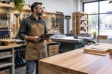 Small business owner inspecting a woodworking workshop