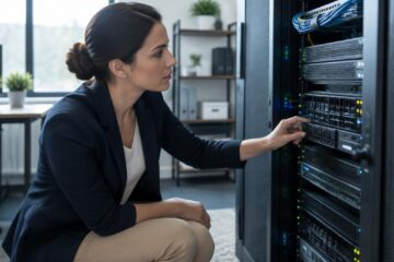 IT professional inspecting secure office servers